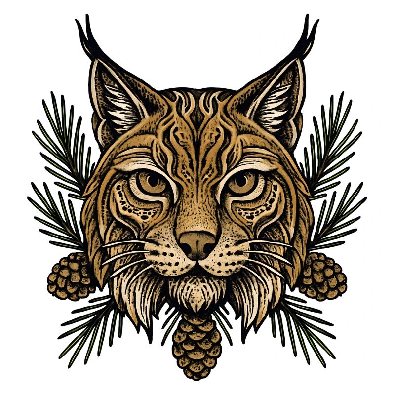 Tête de lynx avec branches de sapin