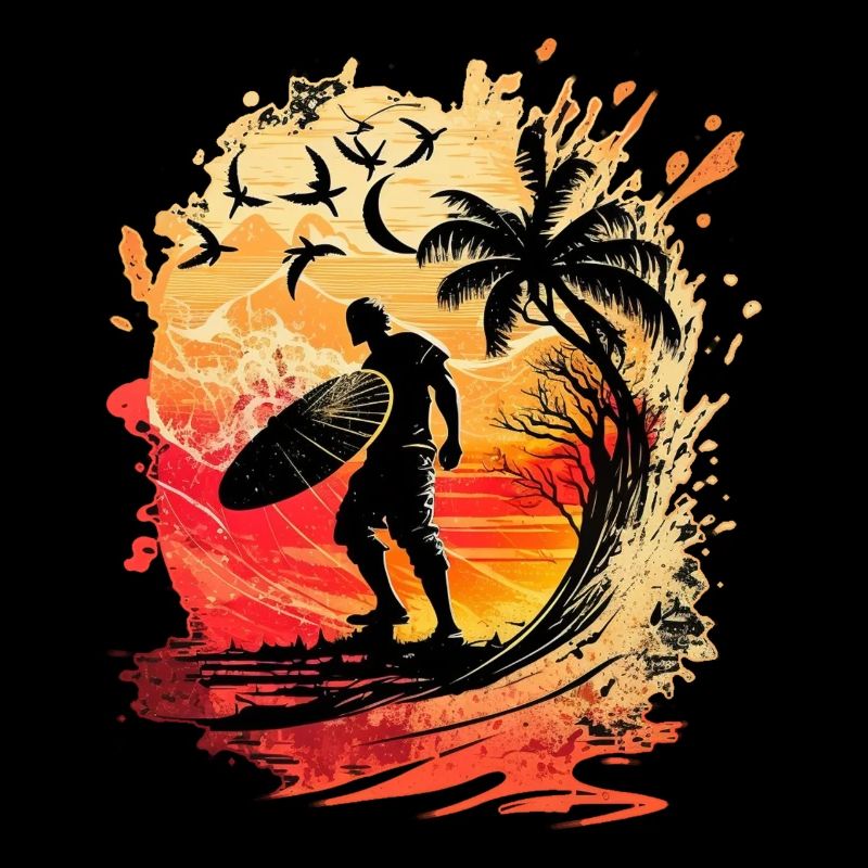 Casual surfer in the moonlight under palm trees