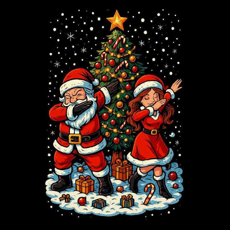 Dabbing Père Noël et Mère Noël devant le sapin de Noël