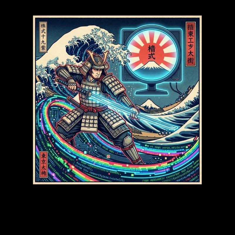Cyber Samurai 模式 devant les vagues et Fuji