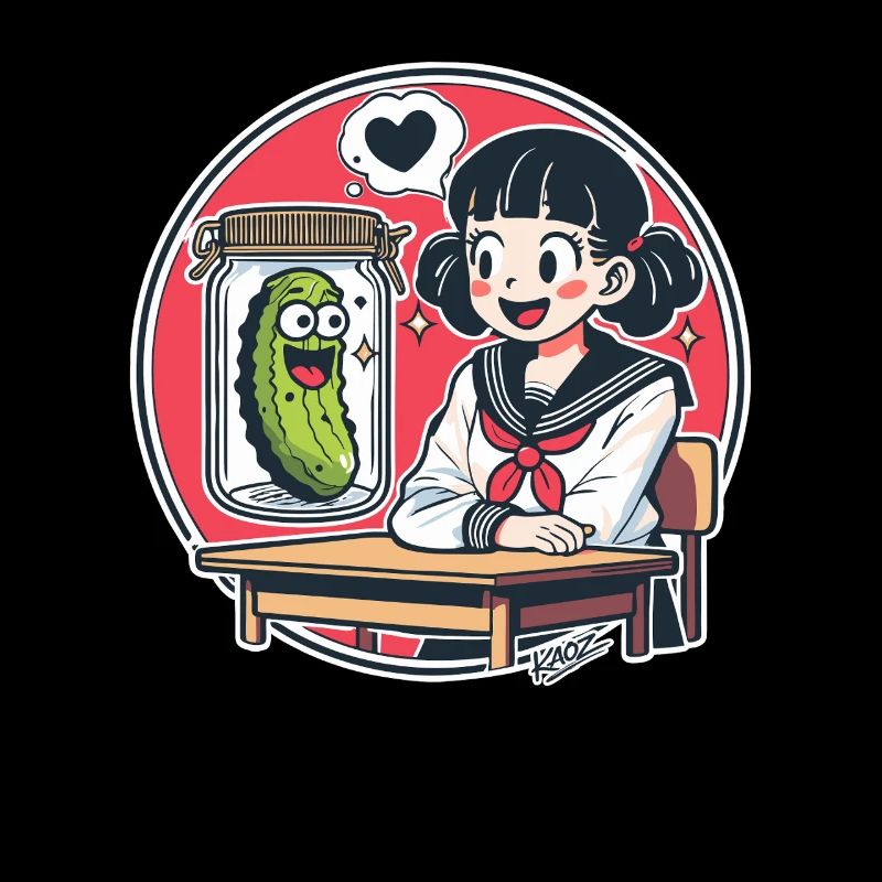 Cornichon Kawaii dans un bocal et écolière à l’école