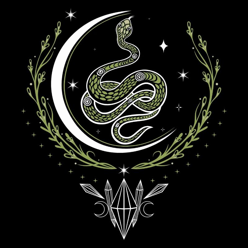 Snake with crescent moon and crystals