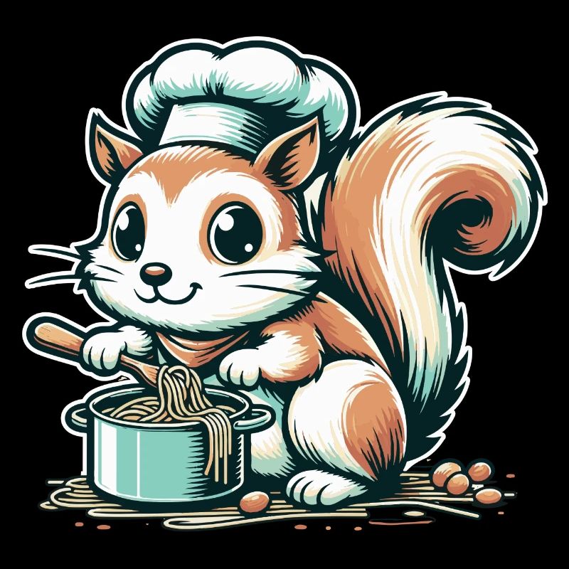Cute cartoon squirrel cooking spaghetti