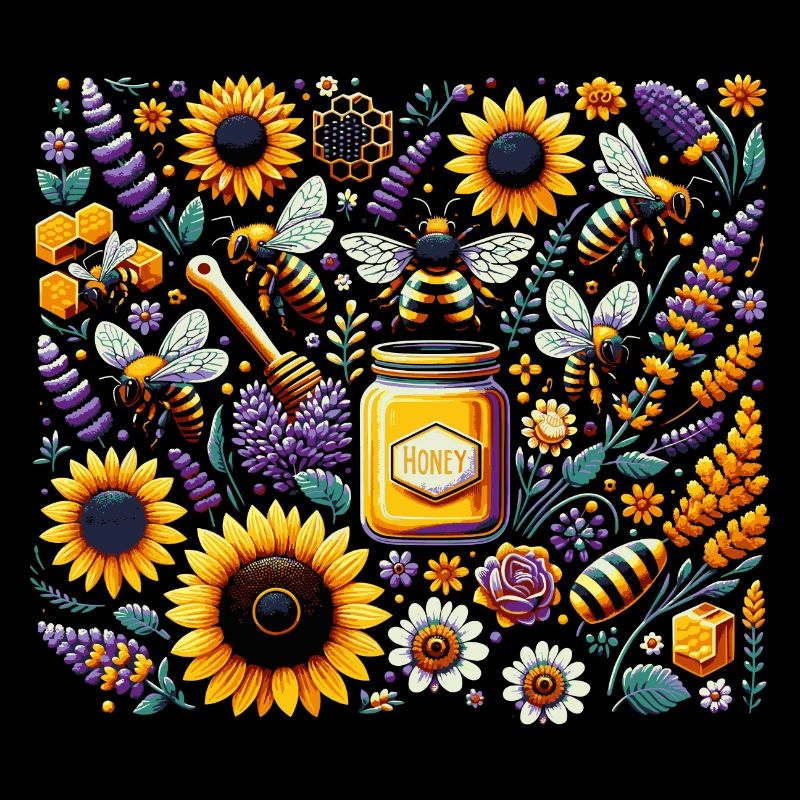 Vibrant, colorful artwork with bees