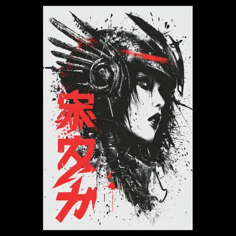 Futuristic Ink Portrait with Red Kanji