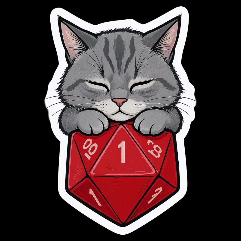 Bébé chat endormi sur D20 Cube – Dessin animé