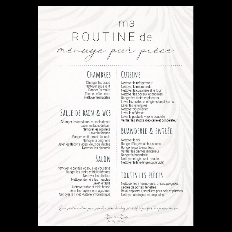 Ma routine de ménage par pièce - To do list