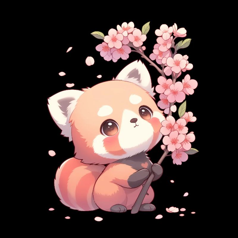 Mignonne style Chibi de panda rouge sakura et fleurs de cerisier