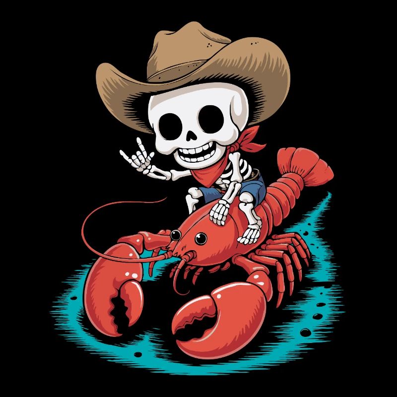 Skeleton cowboy rides lobster