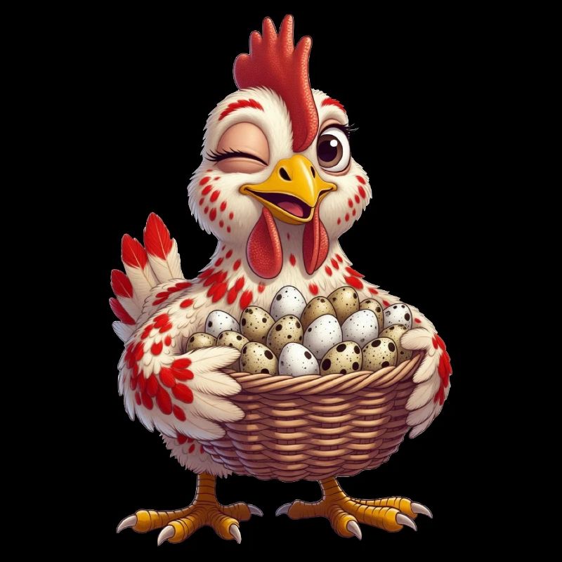 Huhn mit einem Korb voller Eier