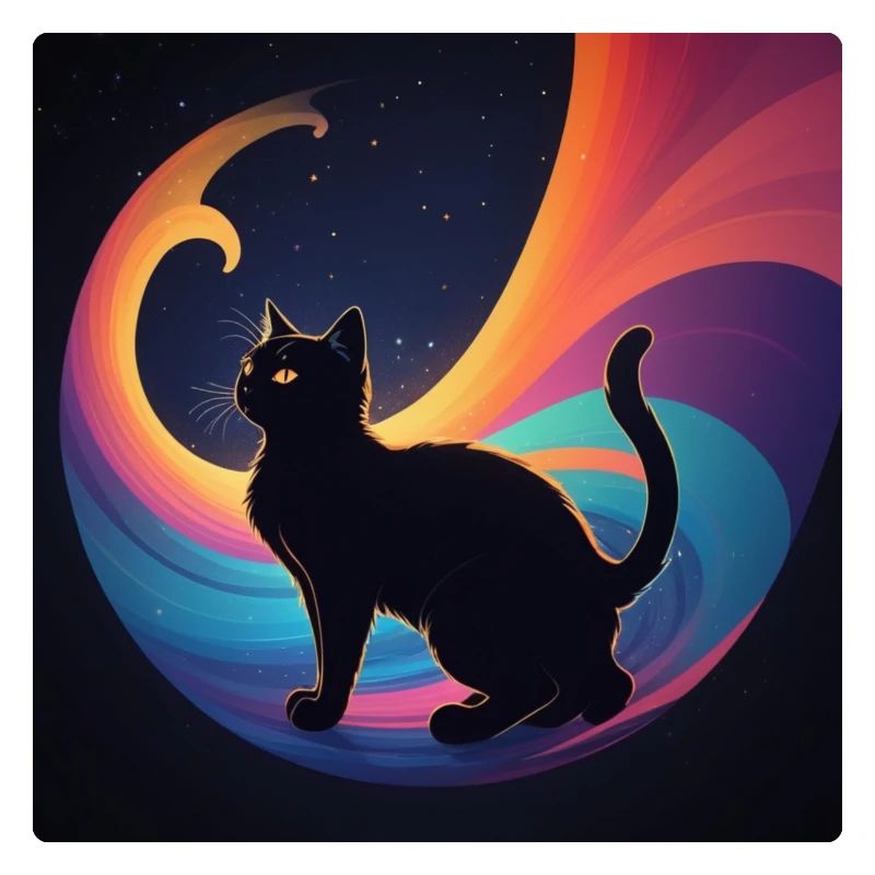 Schwarze Katze vor Regenbogenfarben