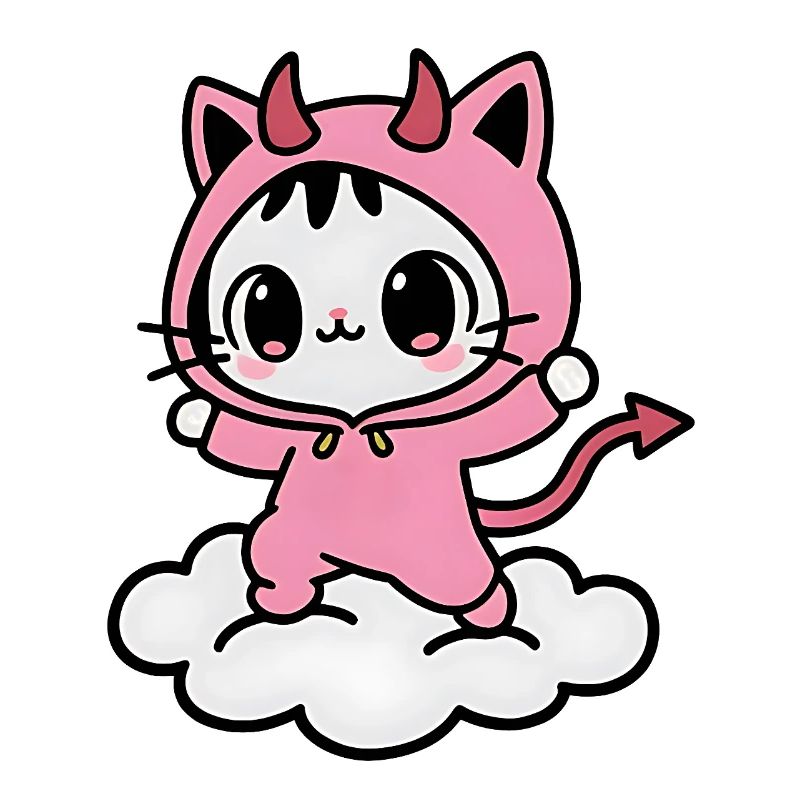 Kawaii Pink Dämon Katze auf einer Wolke