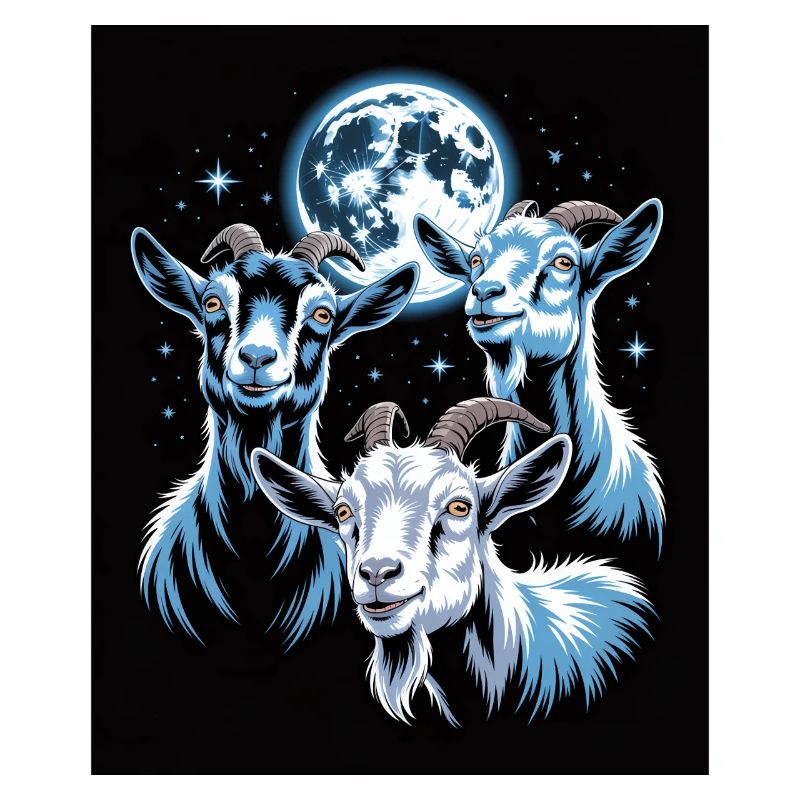 Three goats under full moon night sky