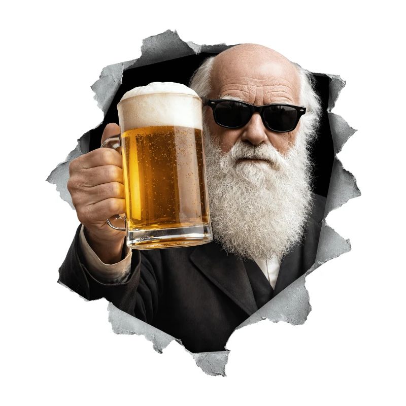 Charles Darwin hält ein Bier
