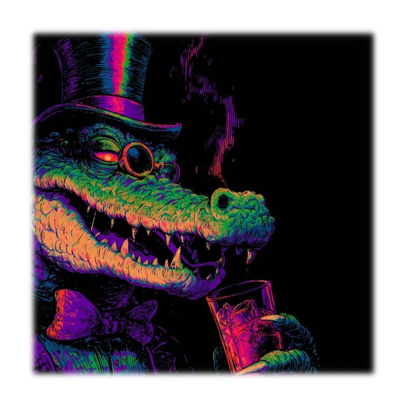 Neon Gentleman Crocodile with Top Hat & Drink