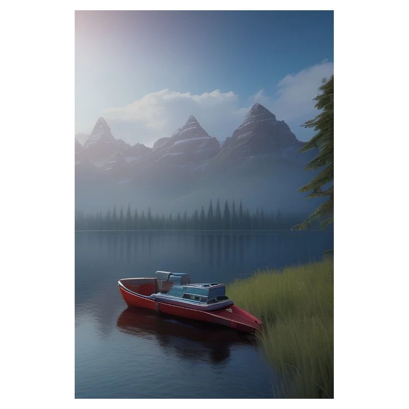 Landschaft mit See, Boot und Berge