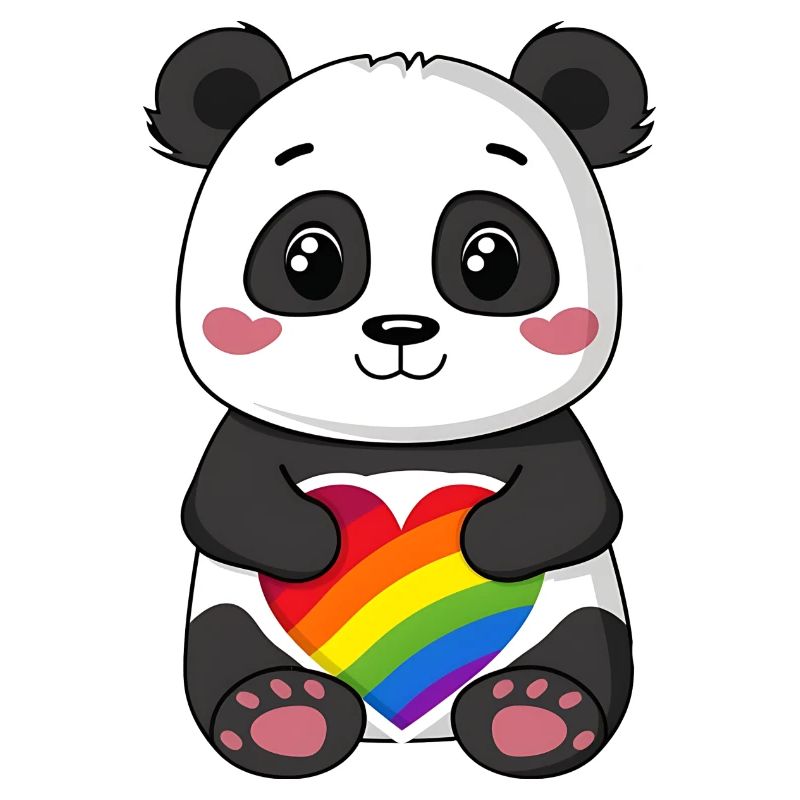 Panda-Karikatur mit einem Pride-Regenbogenherz