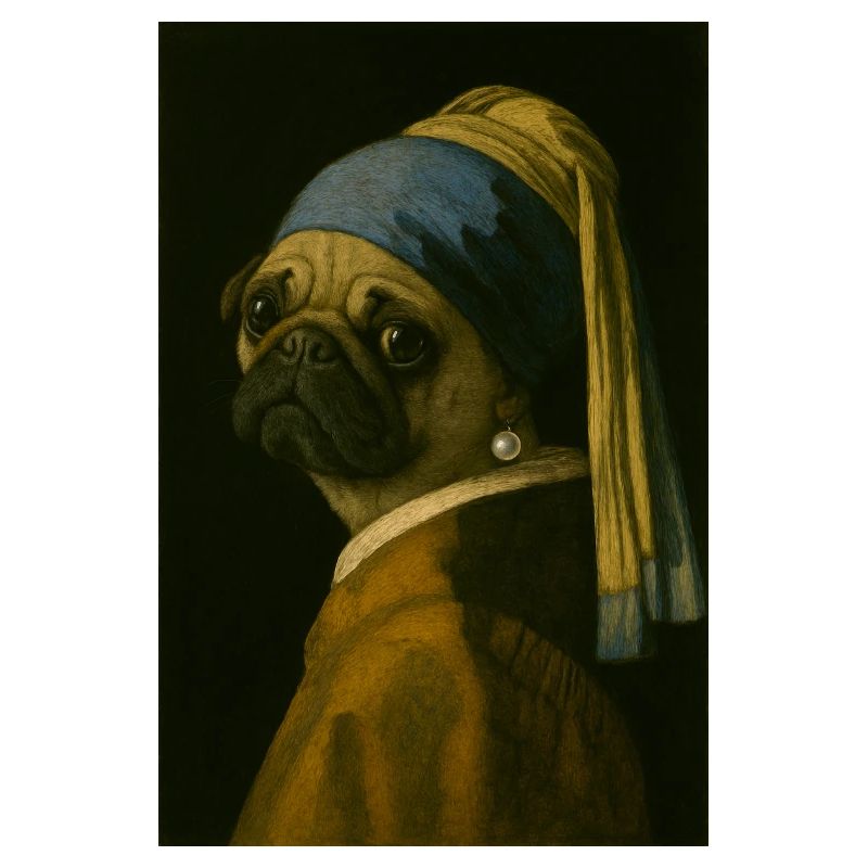 Pug mit Perlenohrring im Mona-Lisa Stil