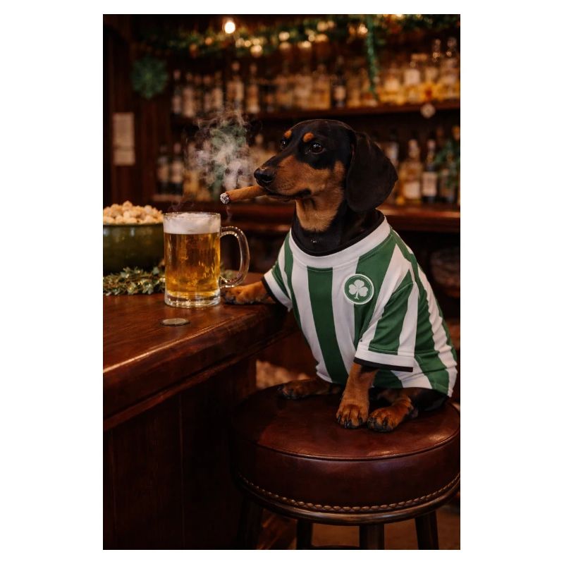 Dachshund in pub jersey with shamrock