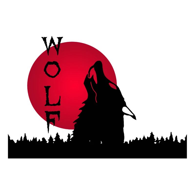 Black wolf, forest and sunset