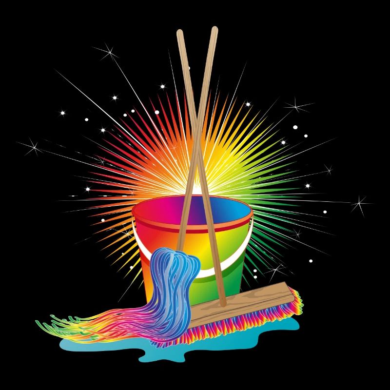 Wischmop,Besen und Eimer in Regenbogenfarben