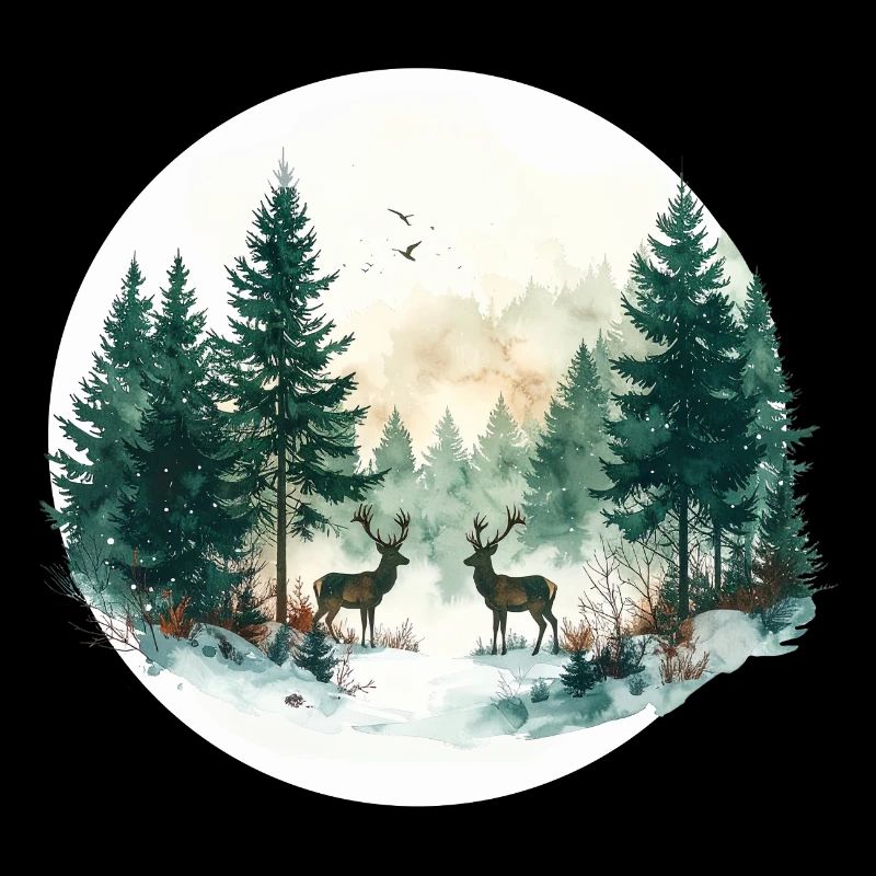 Animaux de la forêt dans la forêt – Aquarelle de Noël
