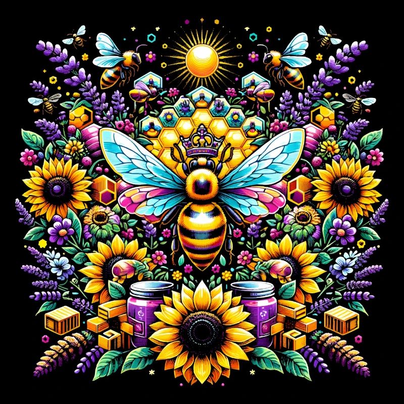 Vibrant, colorful artwork with bees
