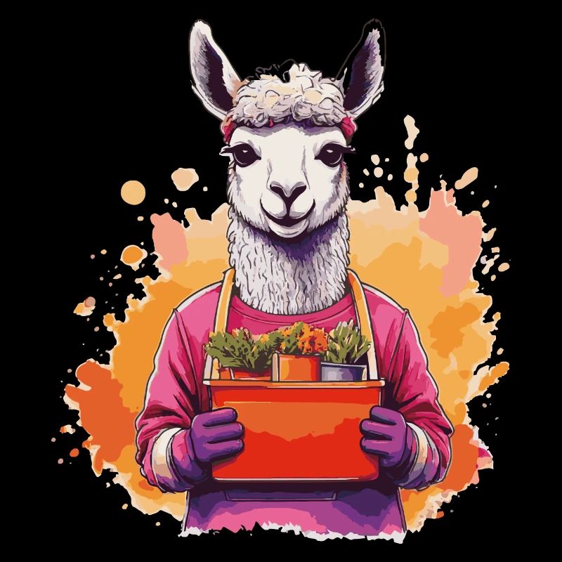 Lama im Garten mit Blumenkorb