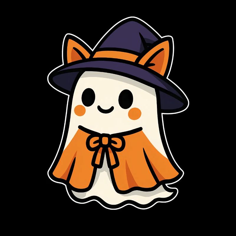 Kawaii Halloween Ghost with Witch Hat