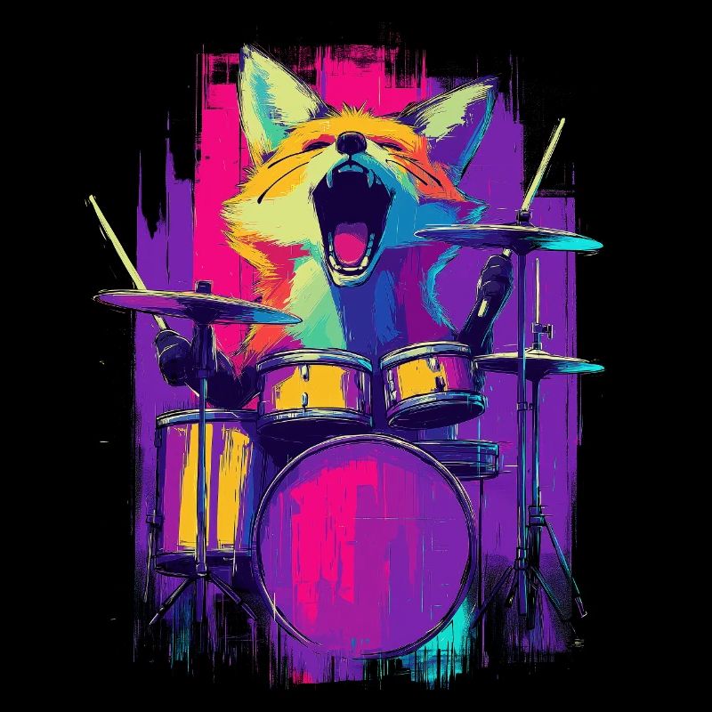 Wild Fox on Drums - Rock Drummer Gift