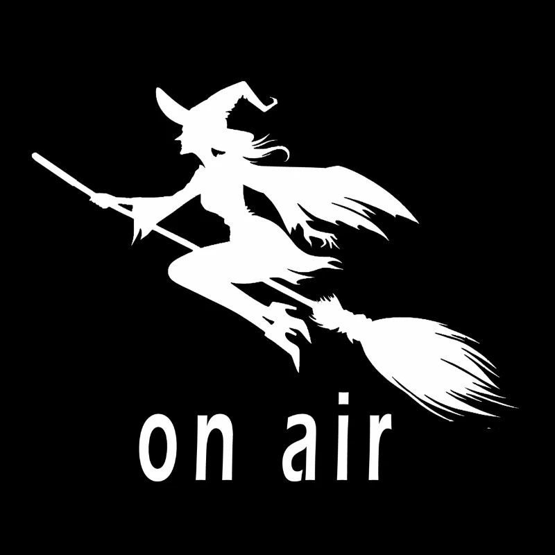 Flying witch on broom with 'on air' lettering