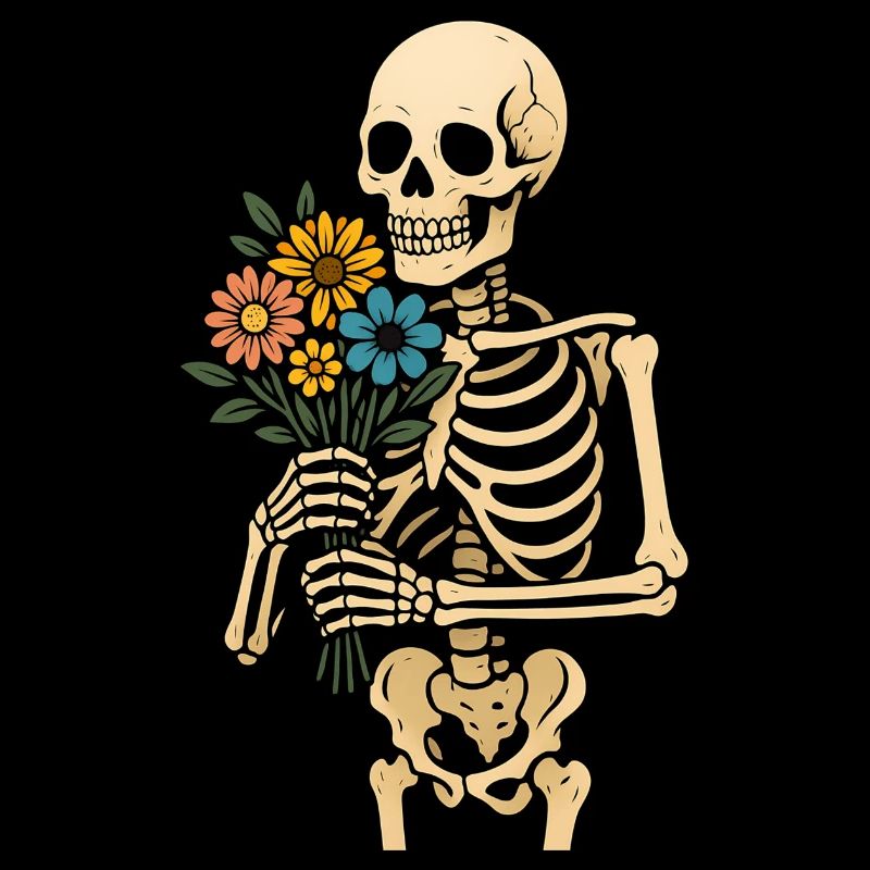 Squelette avec bouquet de fleurs