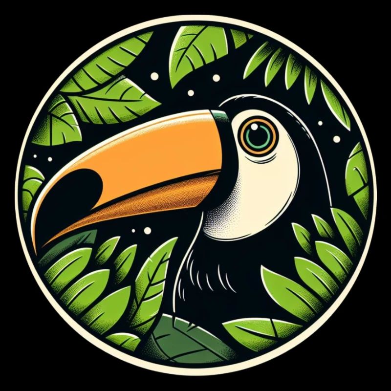Toucan looking through leaves jungle