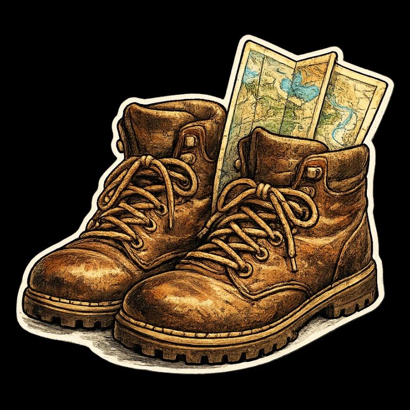 Vintage hiking boots with map
