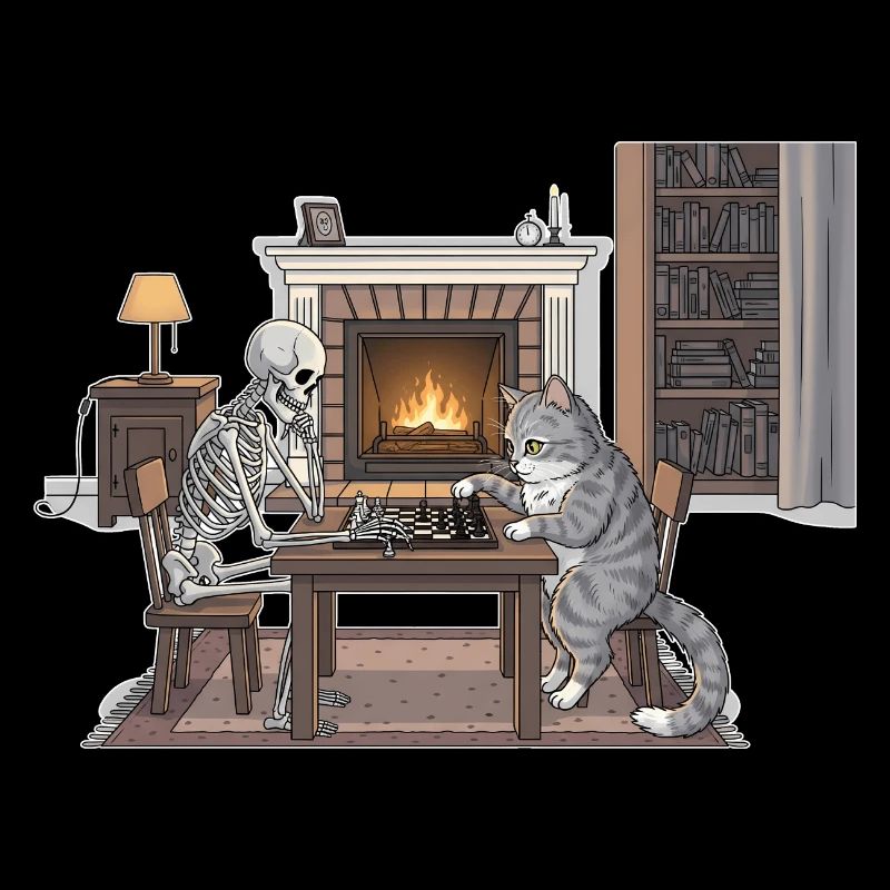 Cozy fireplace room with chess and cat