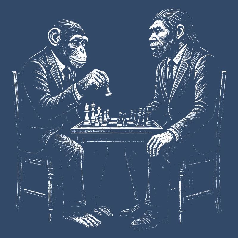 Affe spielt Schach mit Homo Erectus. Lustiges Design