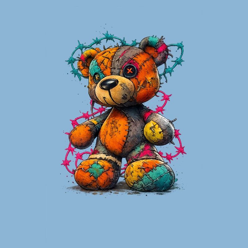 Patchwork Teddybär mit Neonfäden