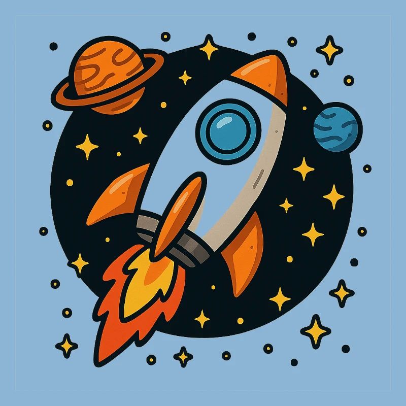 Retro space rocket in star orbit
