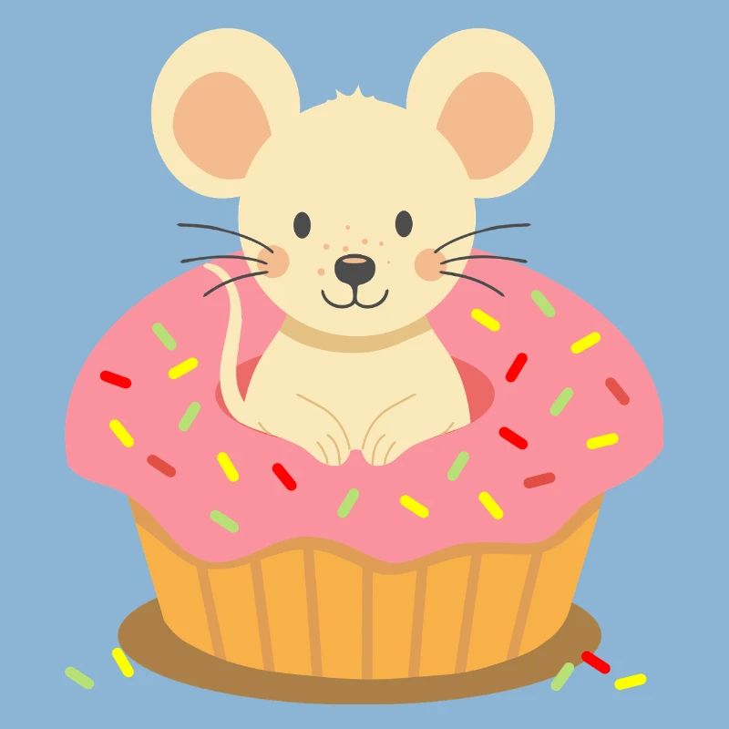 Mouse sitting in a pink cupcake with sprinkles