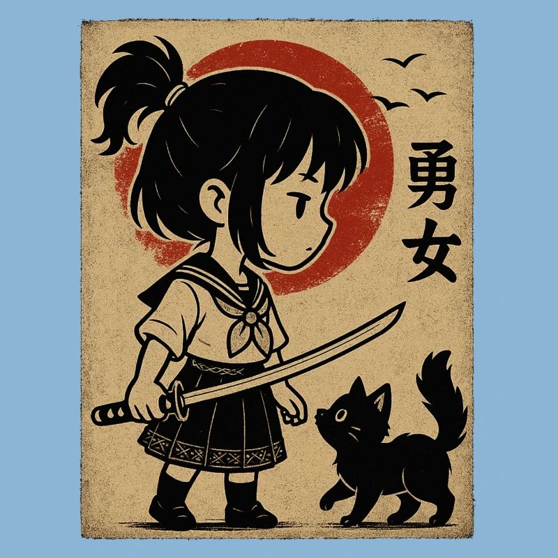 Fille courageuse avec katana et chat