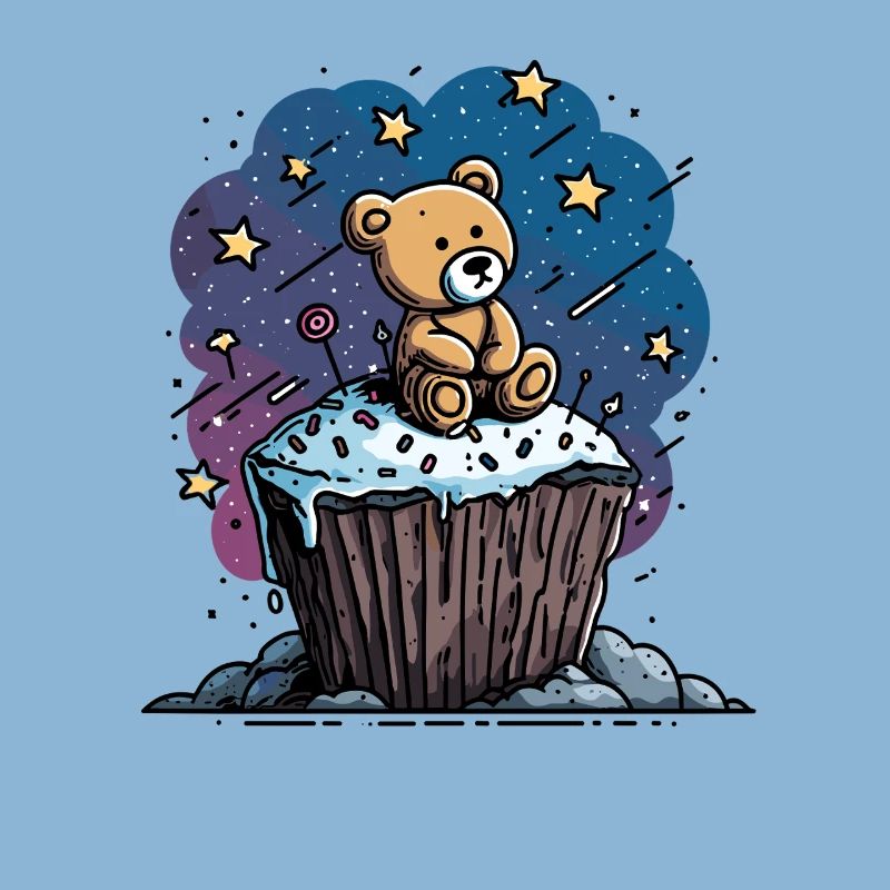 Cuddly bear on cupcake in space