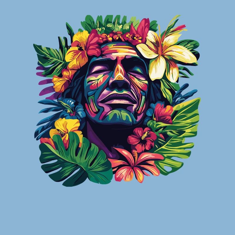 Tropischer Gesichtskopf mit Blumenkranz