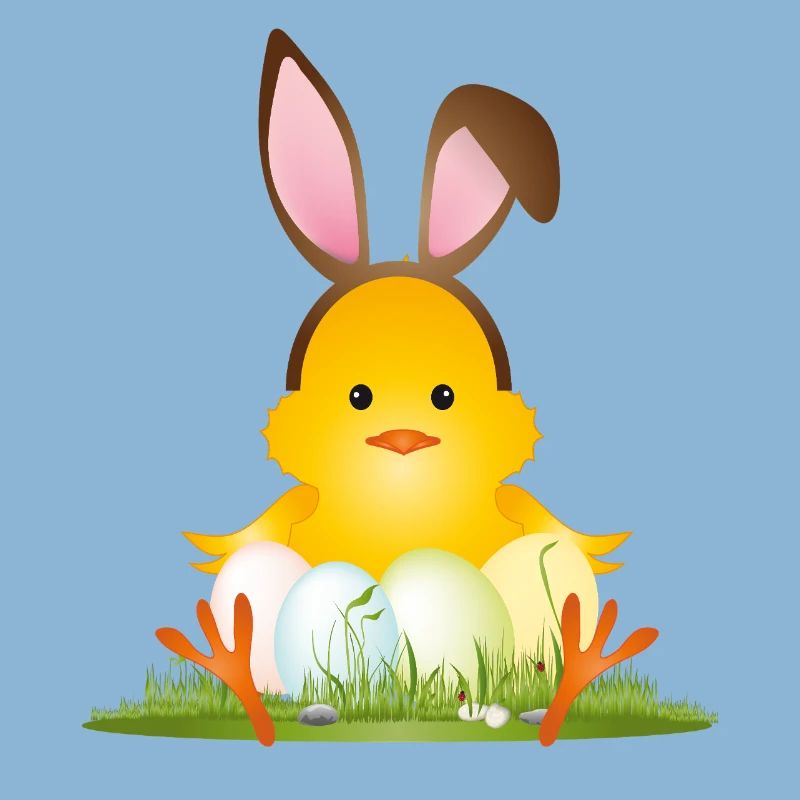 Cute Easter chick with bunny ears & Easter eggs