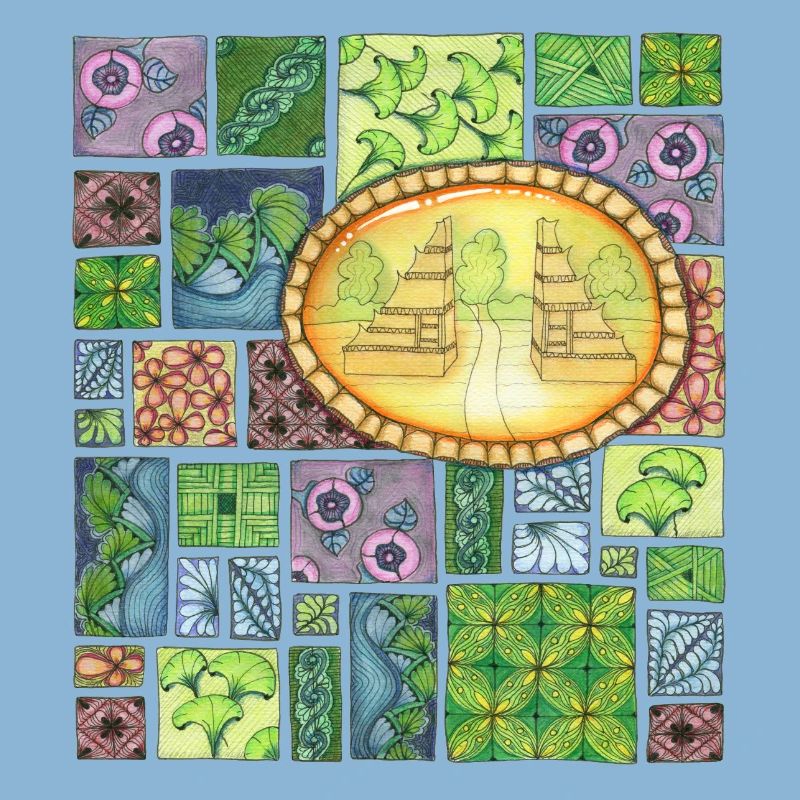 Bali temple on pattern patchwork