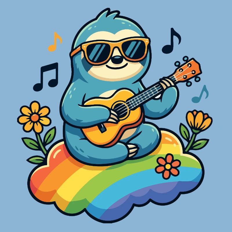 Sloth with guitar on rainbow cloud hippie