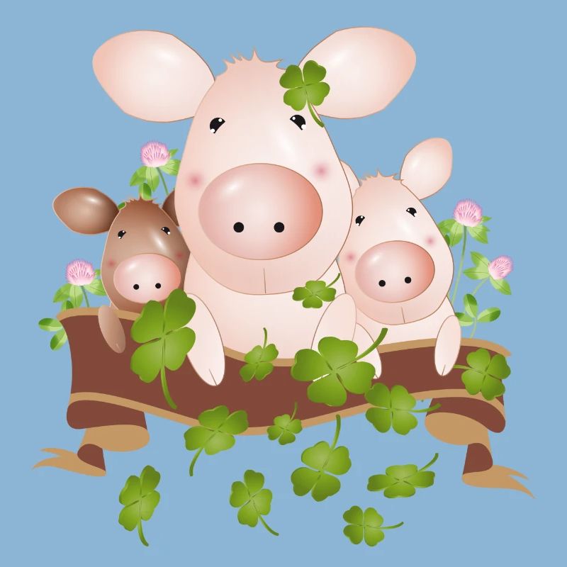 three lucky pigs with four-leaf clovers