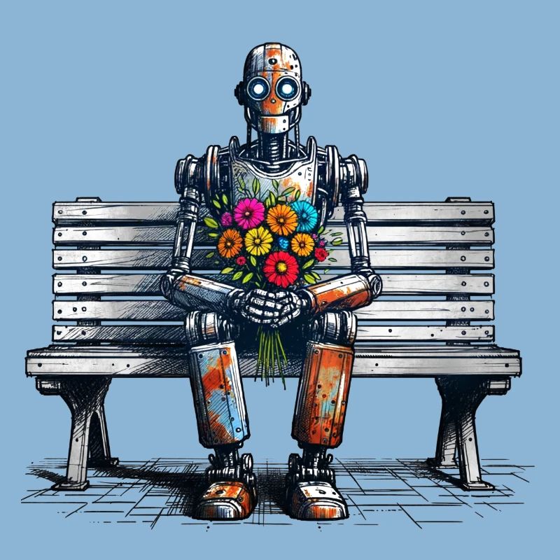 Robot banc fleurs Robot amour Art rouillé