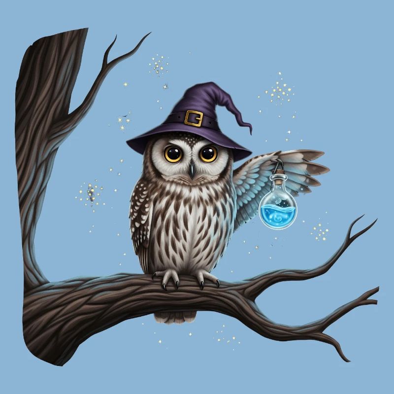 Magic owl with witch hat and magic bottle