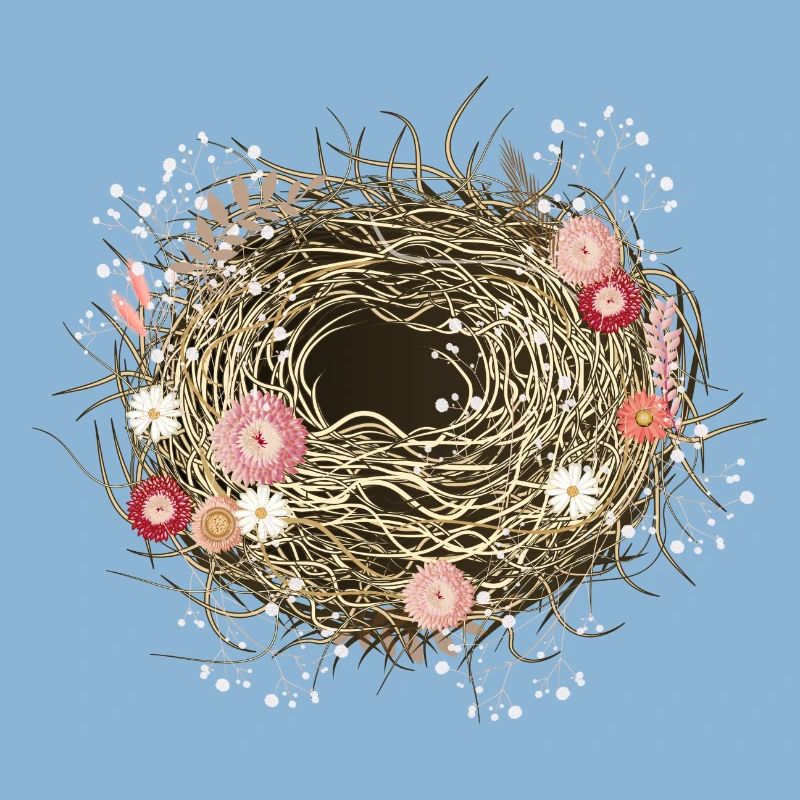 leeres Vogelnest oder Osternest mit Trockenblumen
