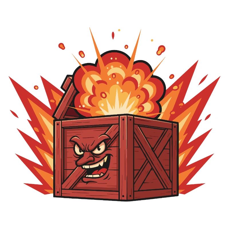 Exploding wooden box with a grim face